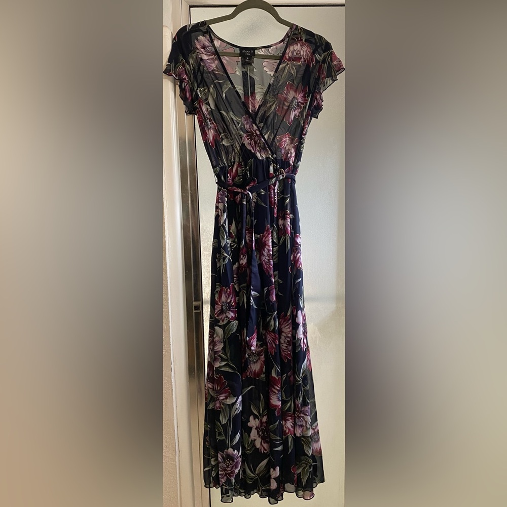Alexa B Nites Womens Black Floral Polyester Faux Wrap Fit & Flare Dress Size 4
